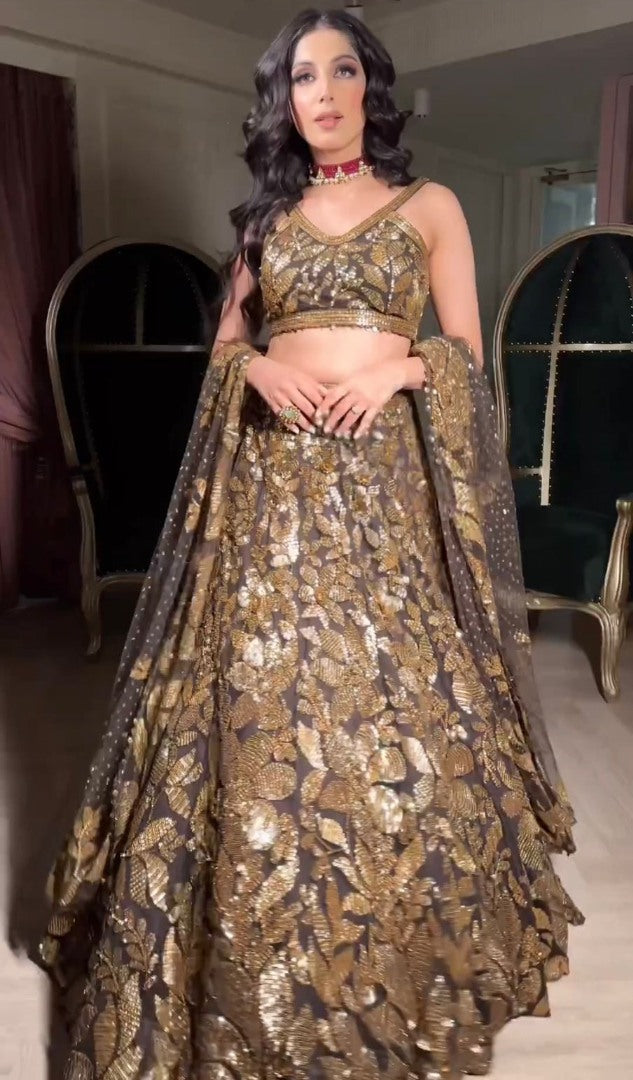 Brown net heavy sequence work designer wedding lehenga choli