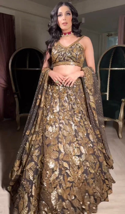 Brown net heavy sequence work designer wedding lehenga choli
