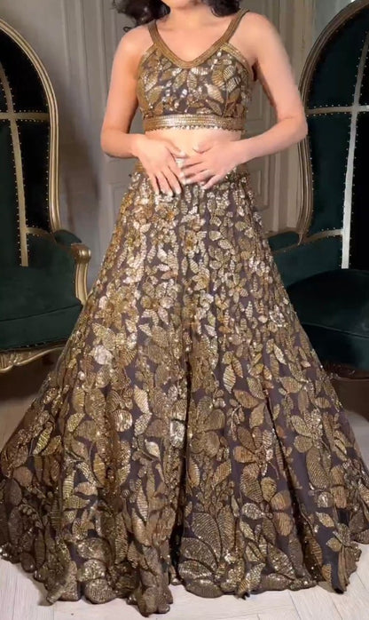 Brown net heavy sequence work designer wedding lehenga choli