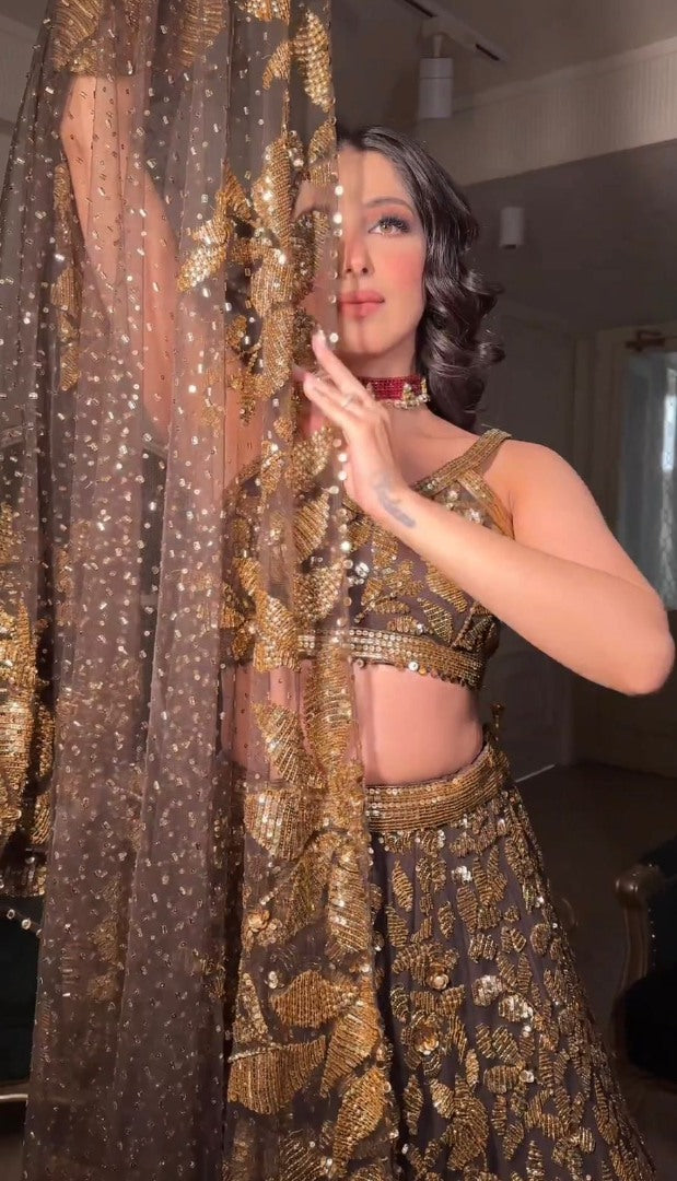 Brown net heavy sequence work designer wedding lehenga choli