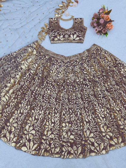 Brown net heavy sequence work designer wedding lehenga choli