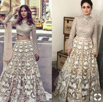 Brown net white heavy embroidered wedding lehenga