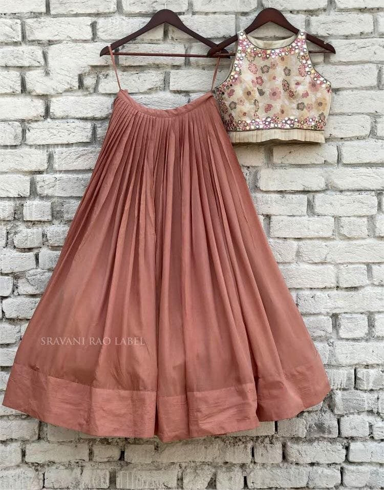 brown nylone silk ceremonial lehenga with embroidered blouse