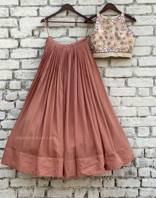 brown nylone silk ceremonial lehenga with embroidered blouse