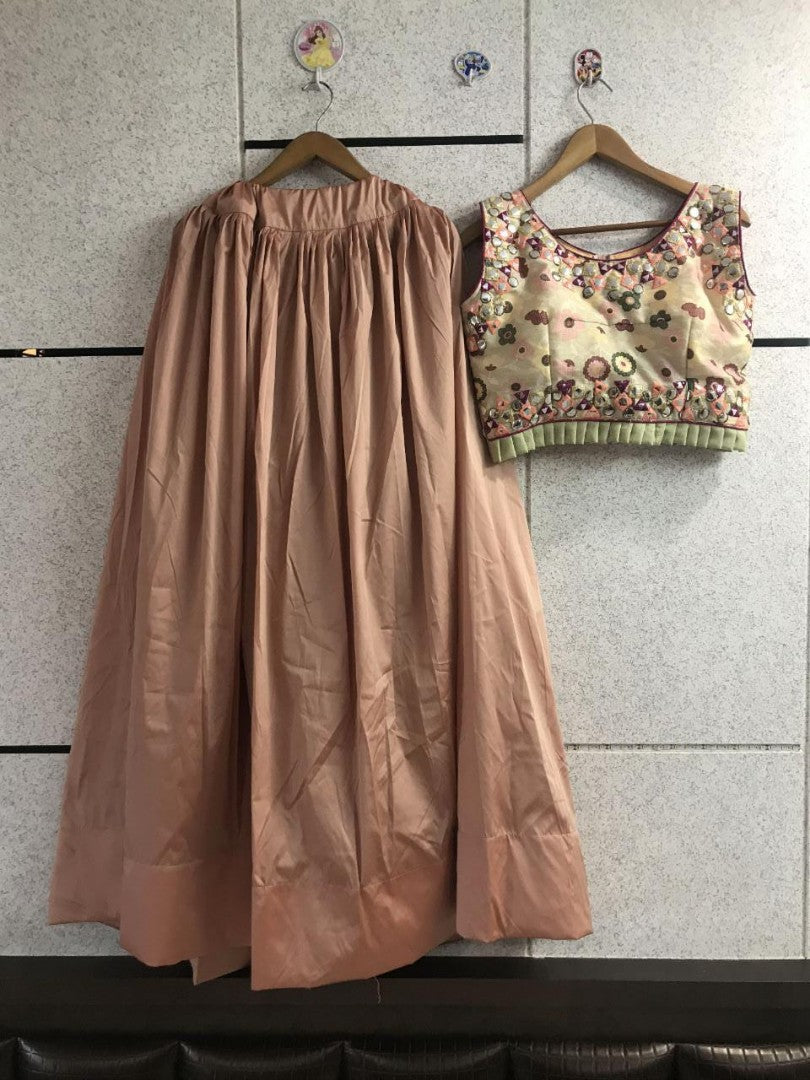 brown nylone silk ceremonial lehenga with embroidered blouse