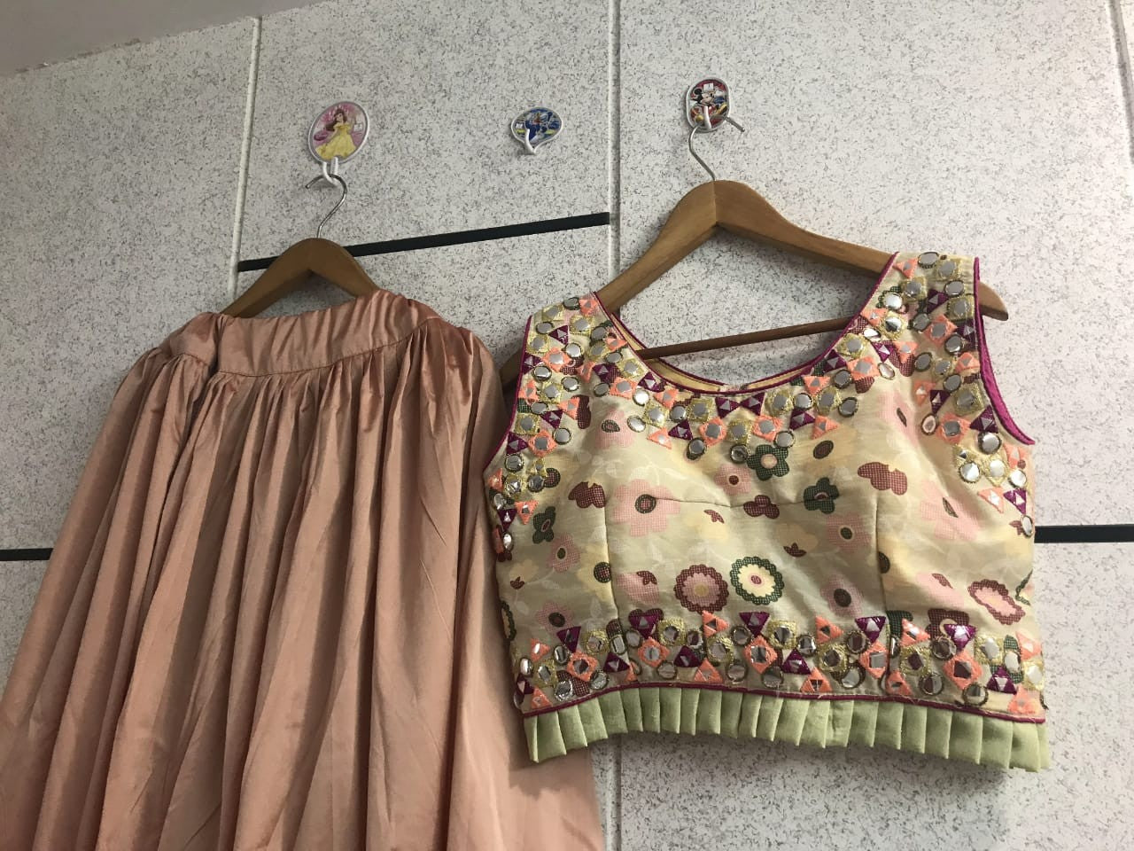 brown nylone silk ceremonial lehenga with embroidered blouse