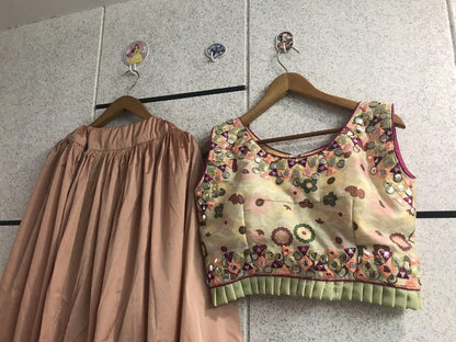 brown nylone silk ceremonial lehenga with embroidered blouse