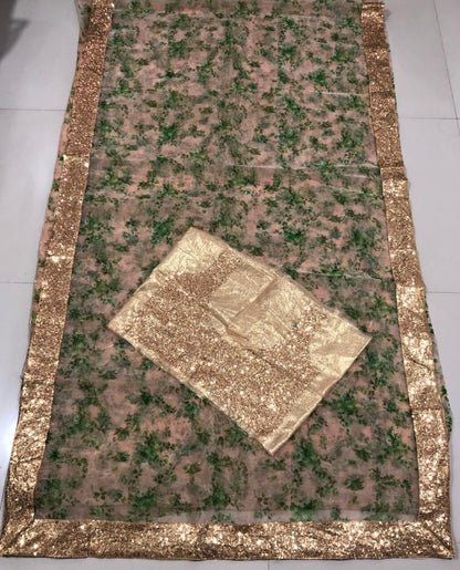 Brown organza digital printed sequence work border designer saree