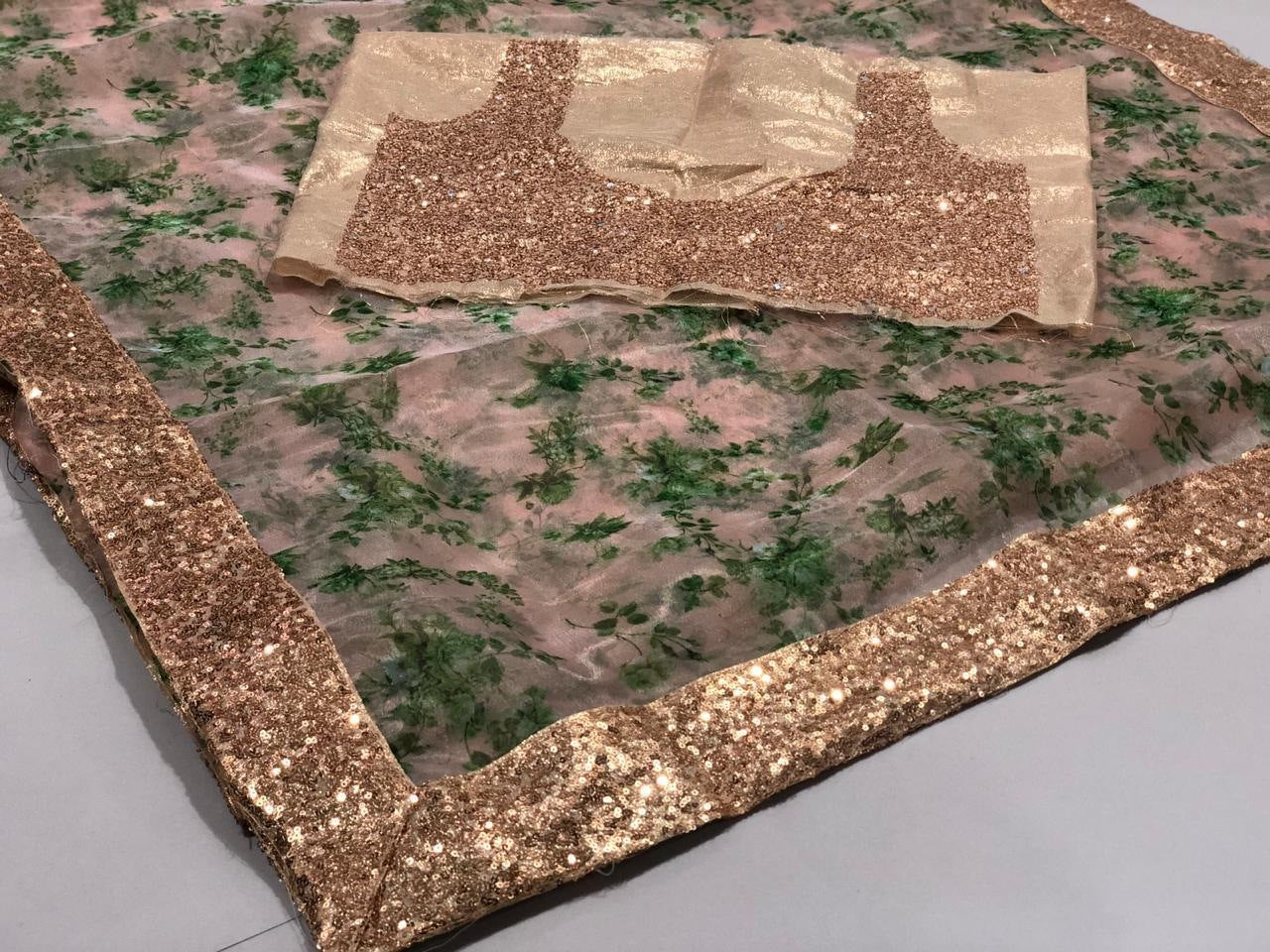 Brown organza digital printed sequence work border designer saree