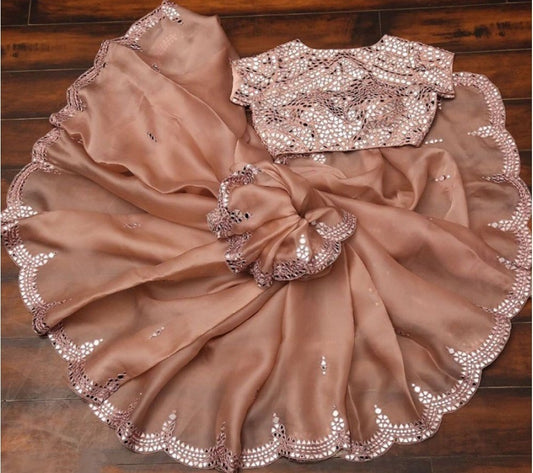 Brown organza paper mirror work saree
