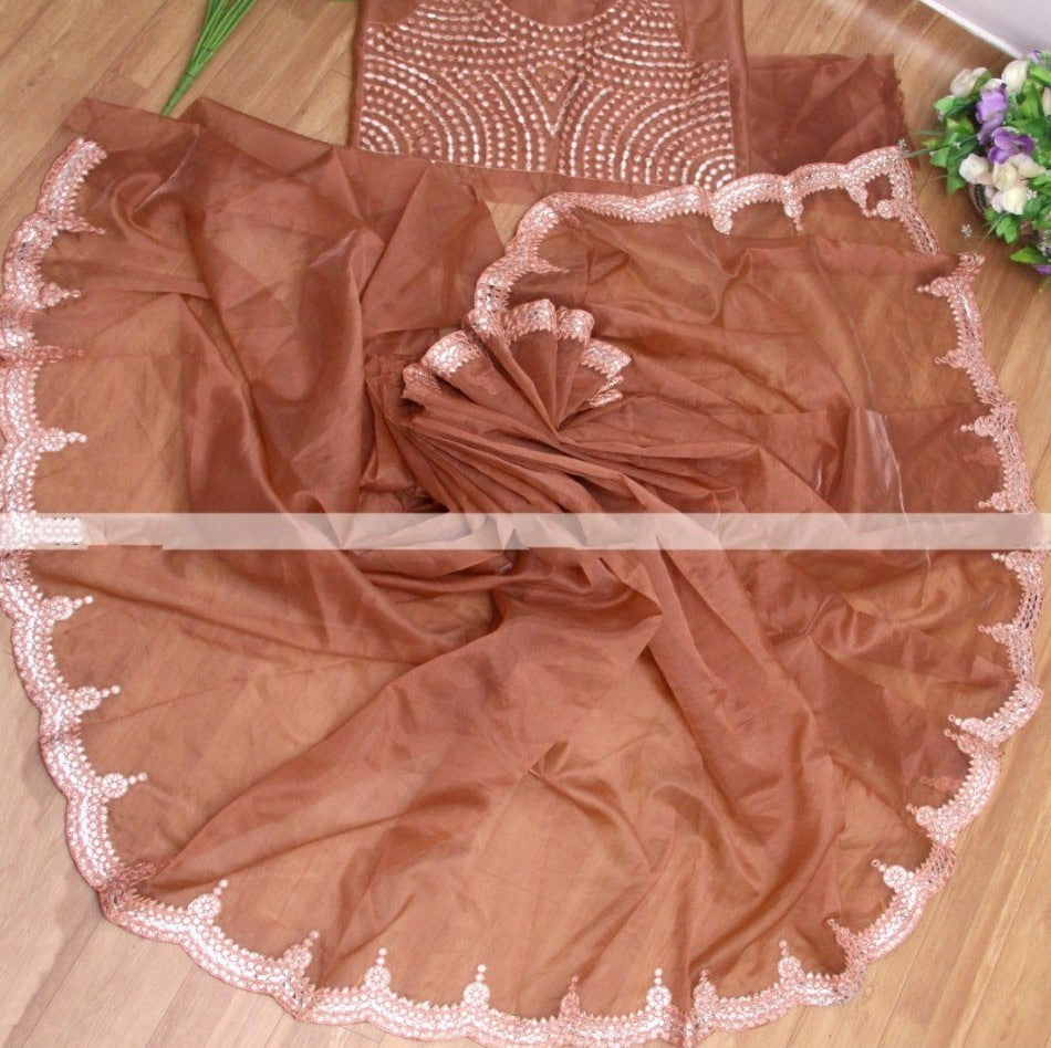 Brown organza paper mirror work saree