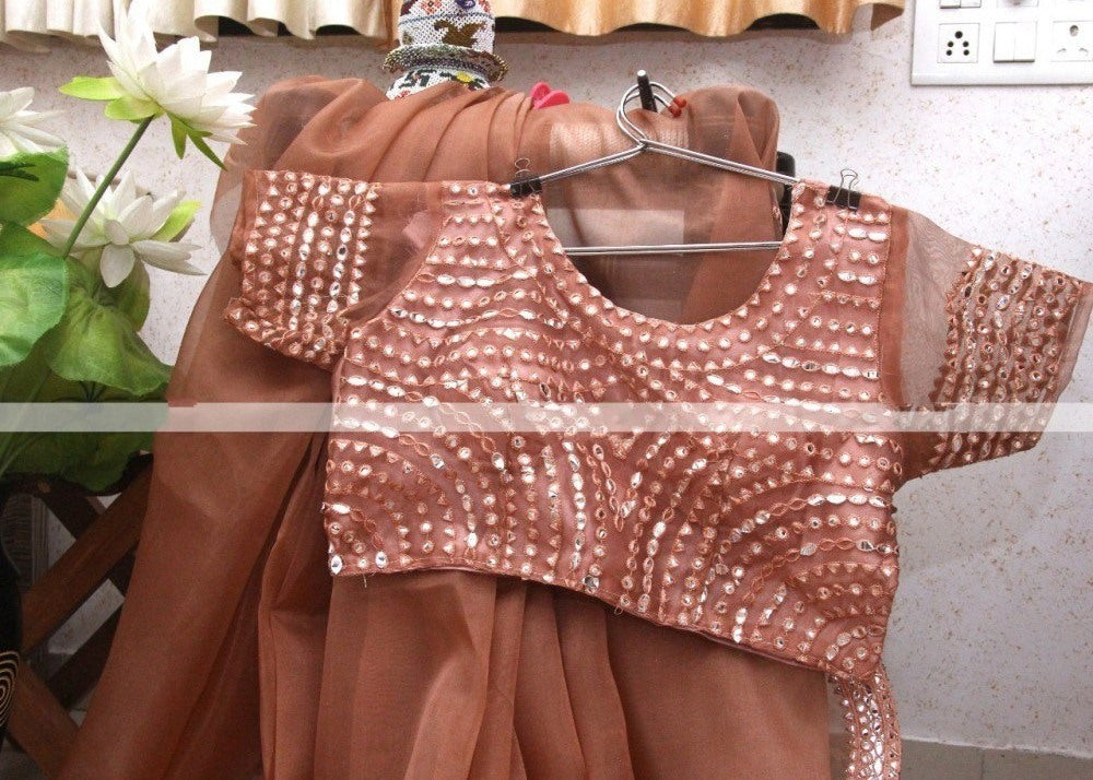 Brown organza paper mirror work saree