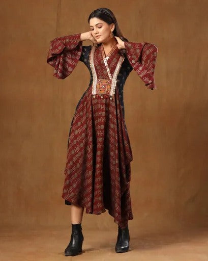 Brown silk printed flared designer kurti