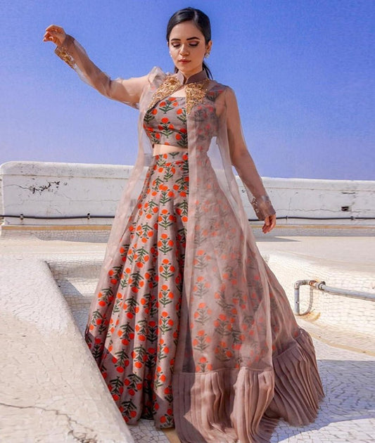 brown tapeta silk printed lehenga with shrug