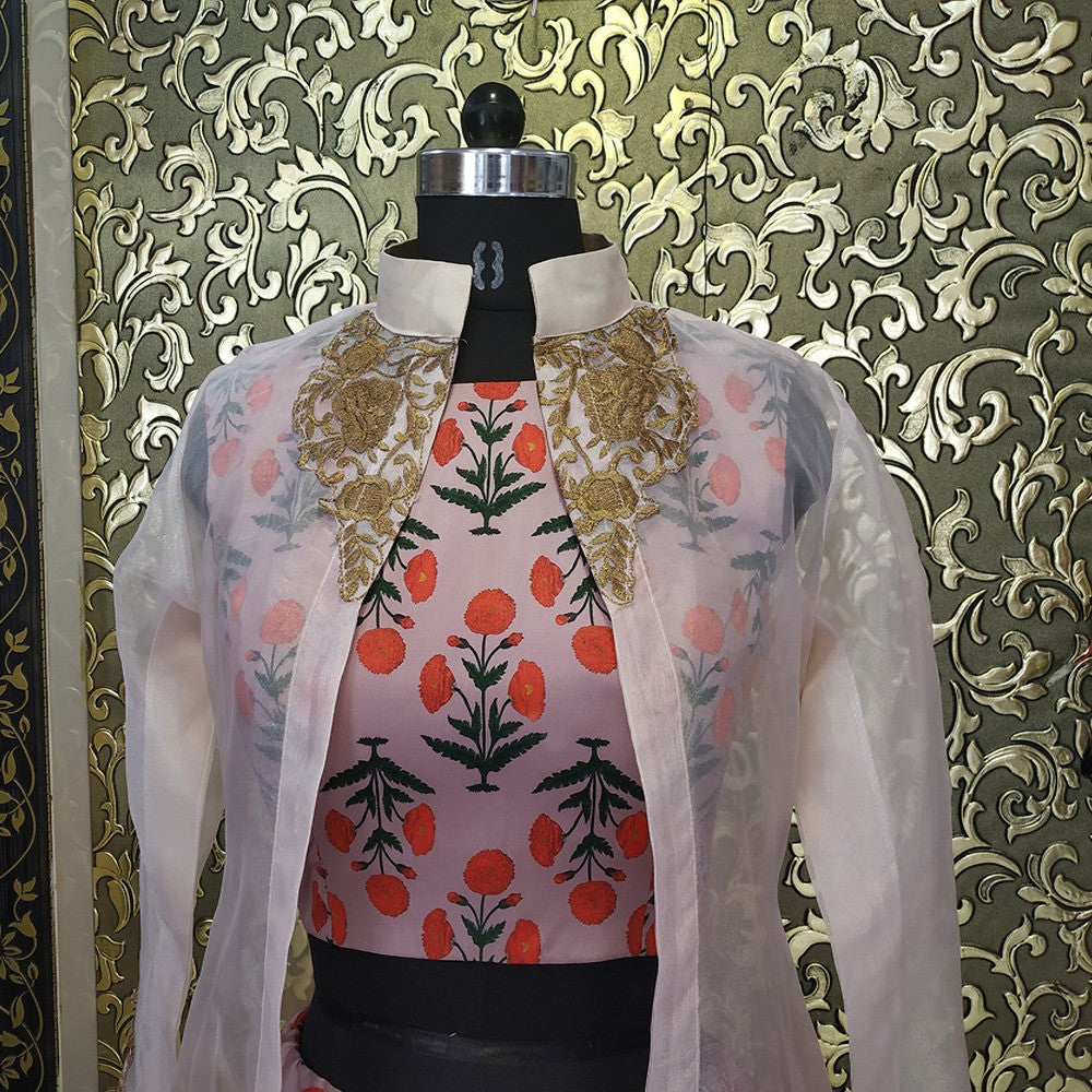 brown tapeta silk printed lehenga with shrug