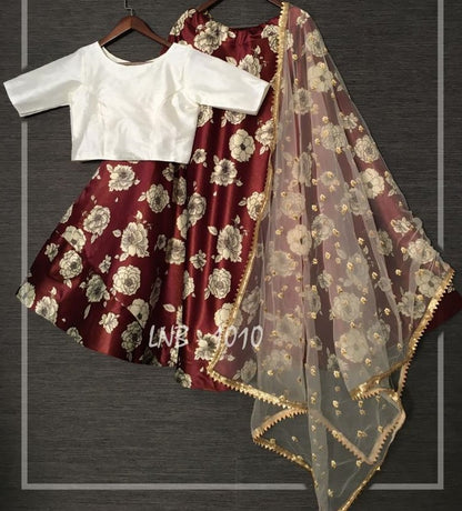 Brown zari satin silk flower printed party wear lehenga choli