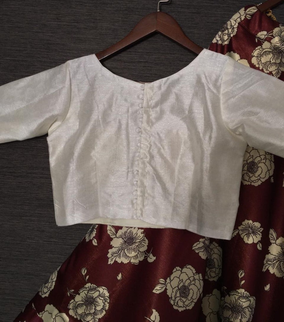 Brown zari satin silk flower printed party wear lehenga choli