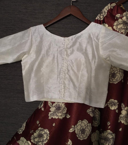 Brown zari satin silk flower printed party wear lehenga choli