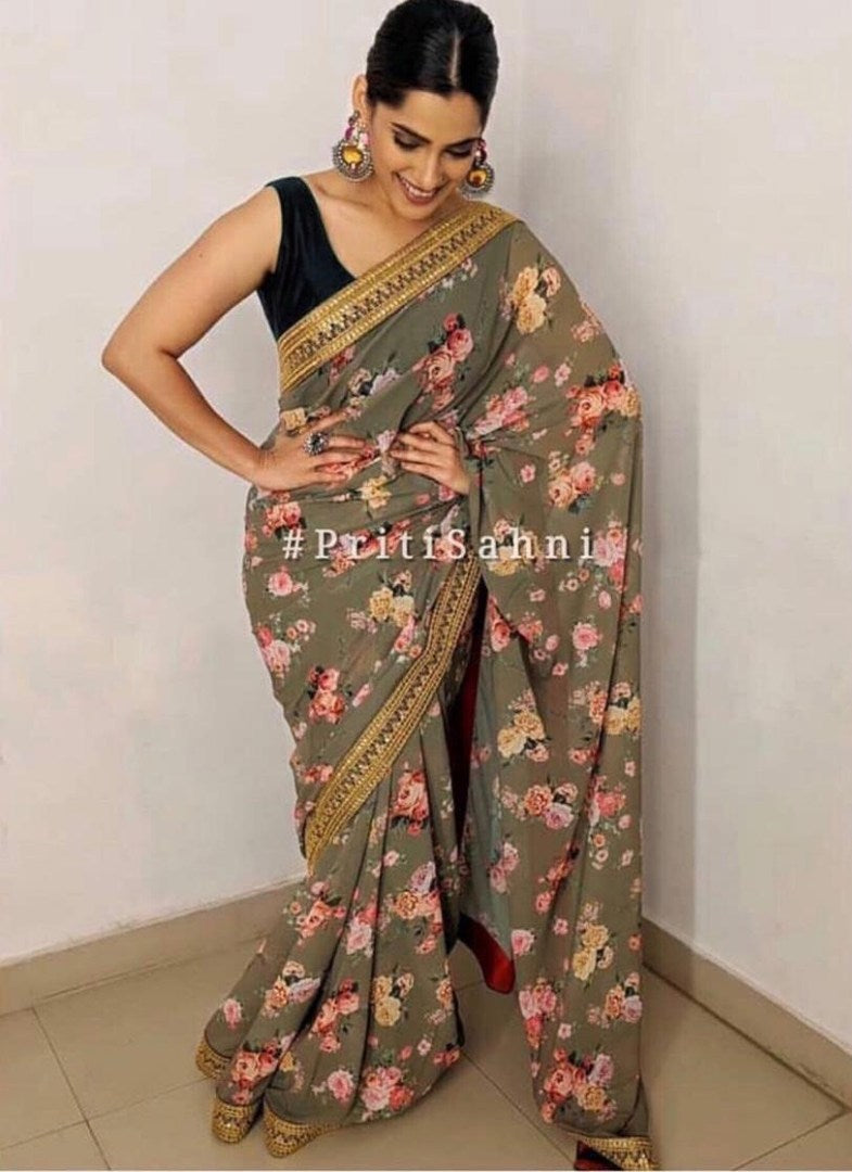 brownish grey georgette floral digital printed saree