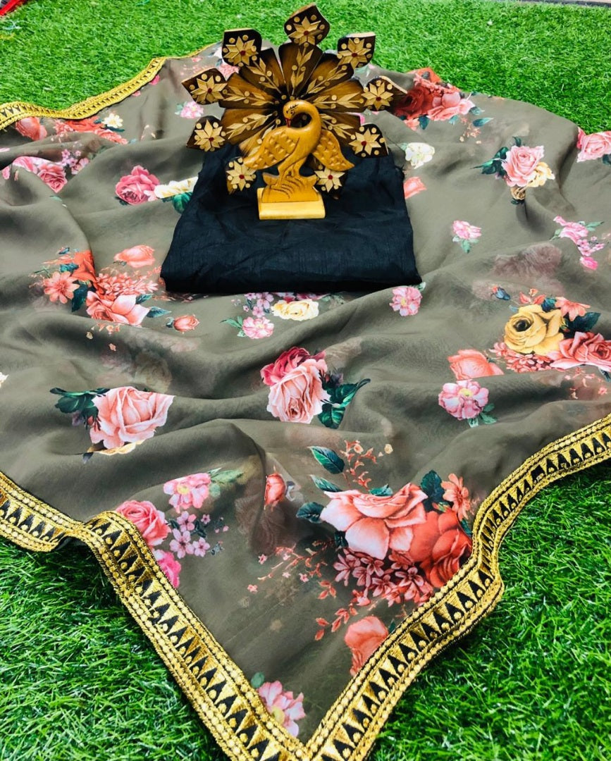 brownish grey georgette floral digital printed saree