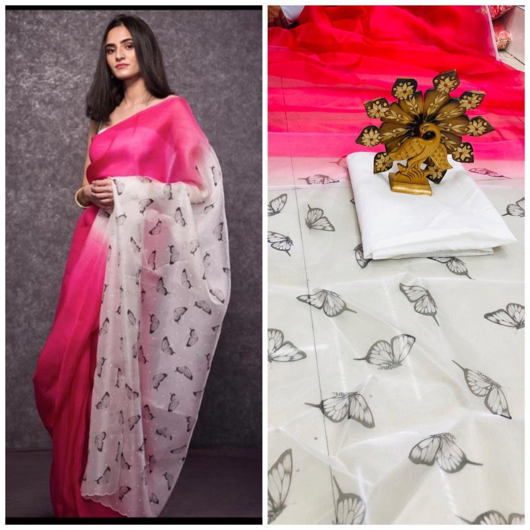 butterfly digital printed half half color organza saree