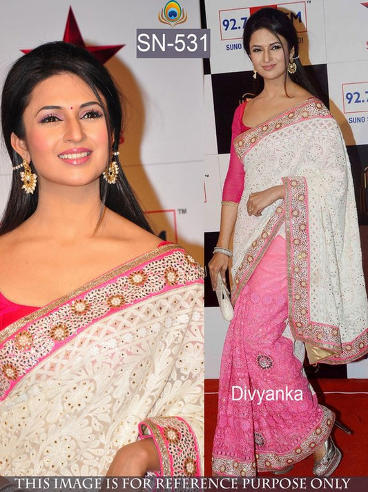 Celebrity style white and pink embroidered saree