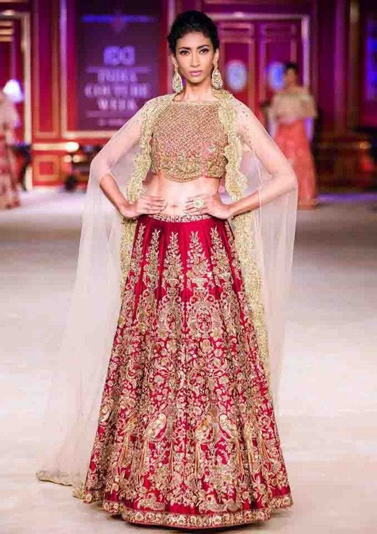 Cherry red malai satin heavy embroidered wedding lehenga