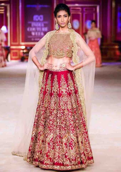 Cherry red malai satin heavy embroidered wedding lehenga