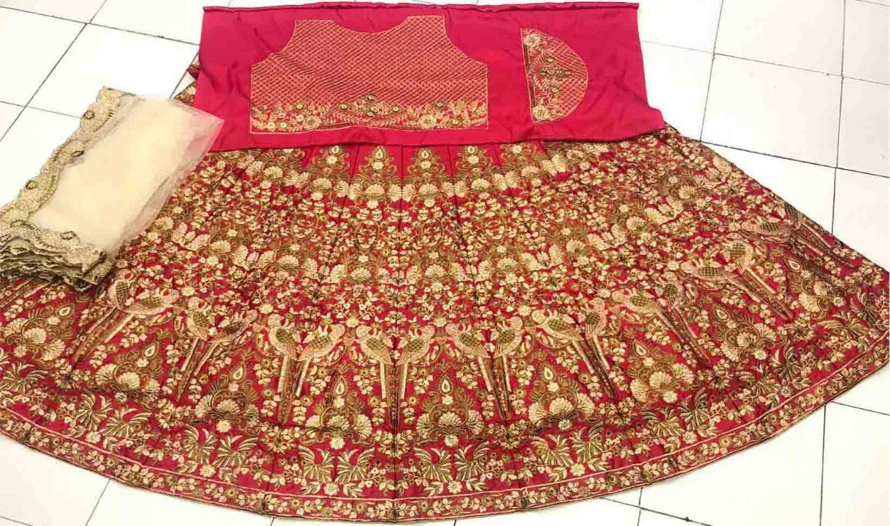 Cherry red malai satin heavy embroidered wedding lehenga