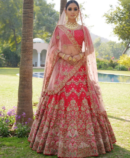 Cherry red nylon satin heavy embroidered bridal lehenga