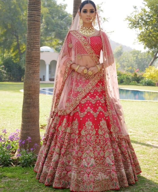Cherry red nylon satin heavy embroidered bridal lehenga