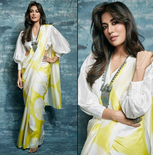 chitrangada beautiful yellow heavy satin digital printed saree