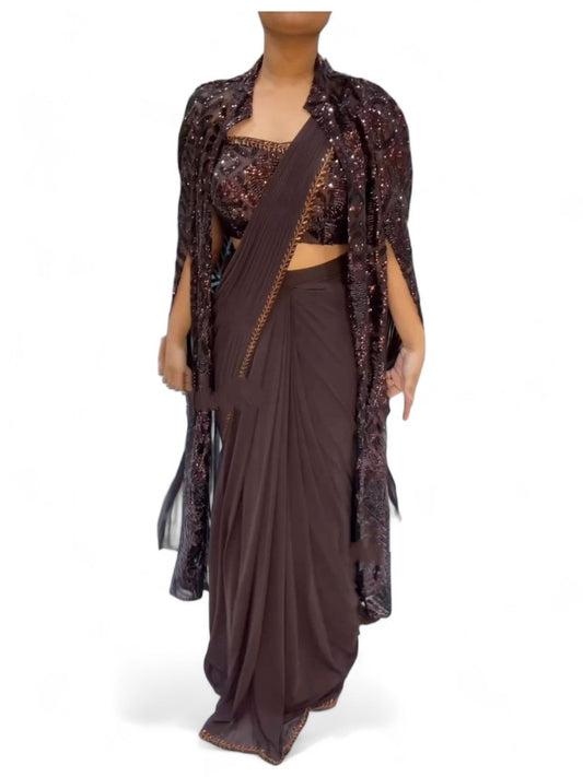Coffee designer ready to wear lehenga saree with shrug