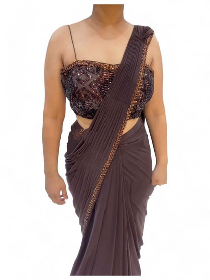 Coffee designer ready to wear lehenga saree with shrug