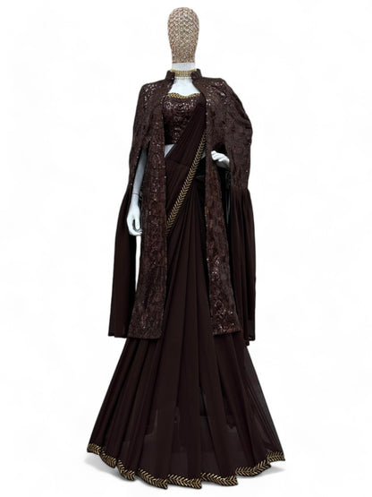 Coffee designer ready to wear lehenga saree with shrug
