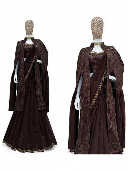 Coffee designer ready to wear lehenga saree with shrug
