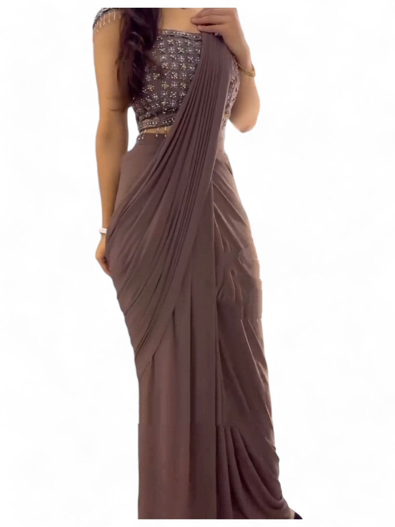 Coffee designer stylish ready to wear saree for farewell parties