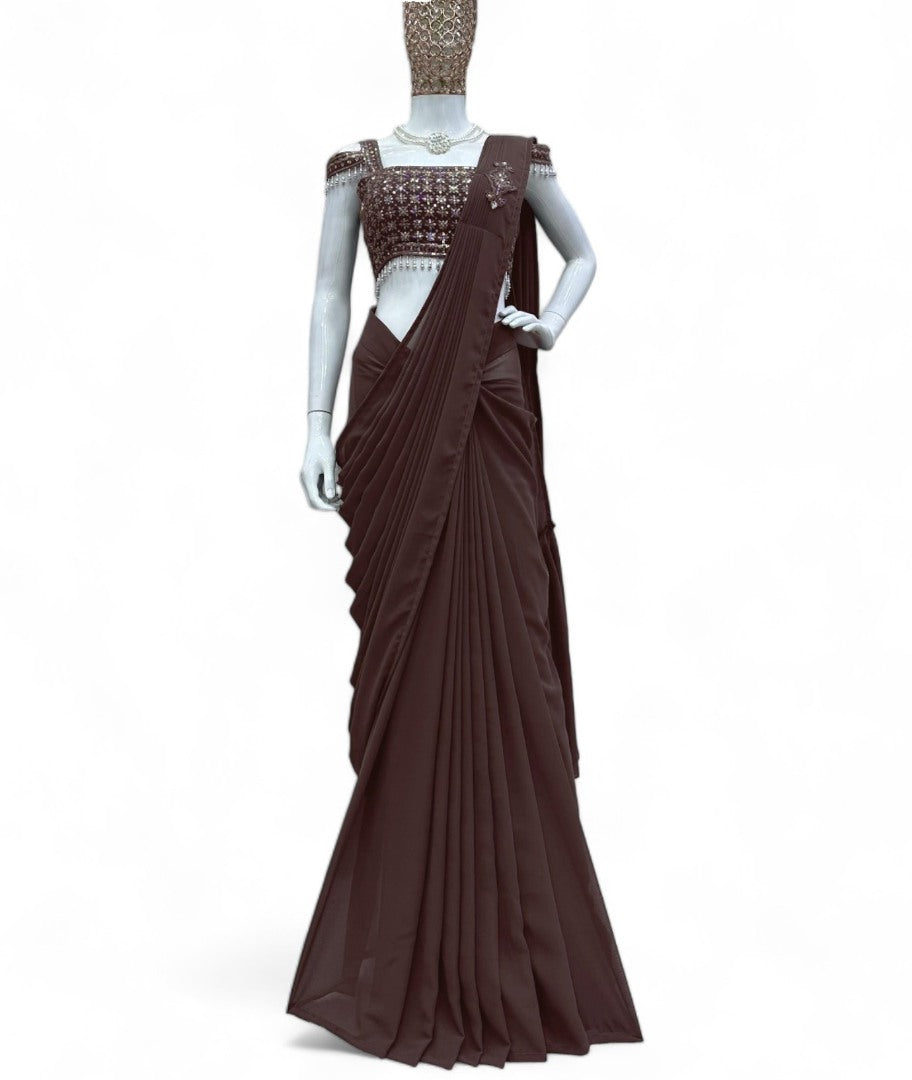 Coffee designer stylish ready to wear saree for farewell parties