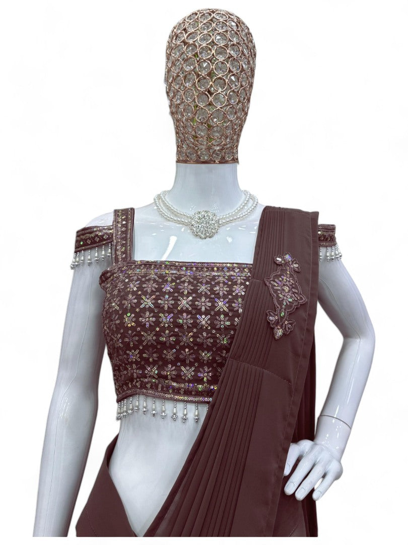 Coffee designer stylish ready to wear saree for farewell parties