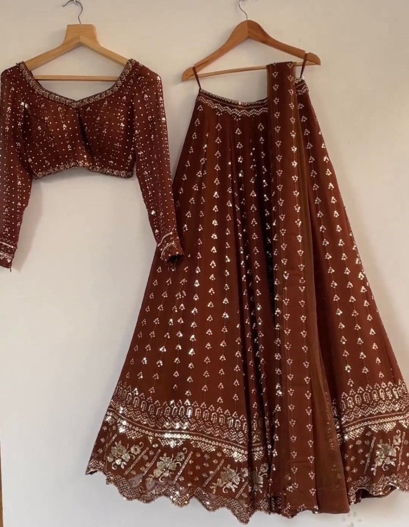 Coffee georgette heavy embroidered wedding lehenga choli