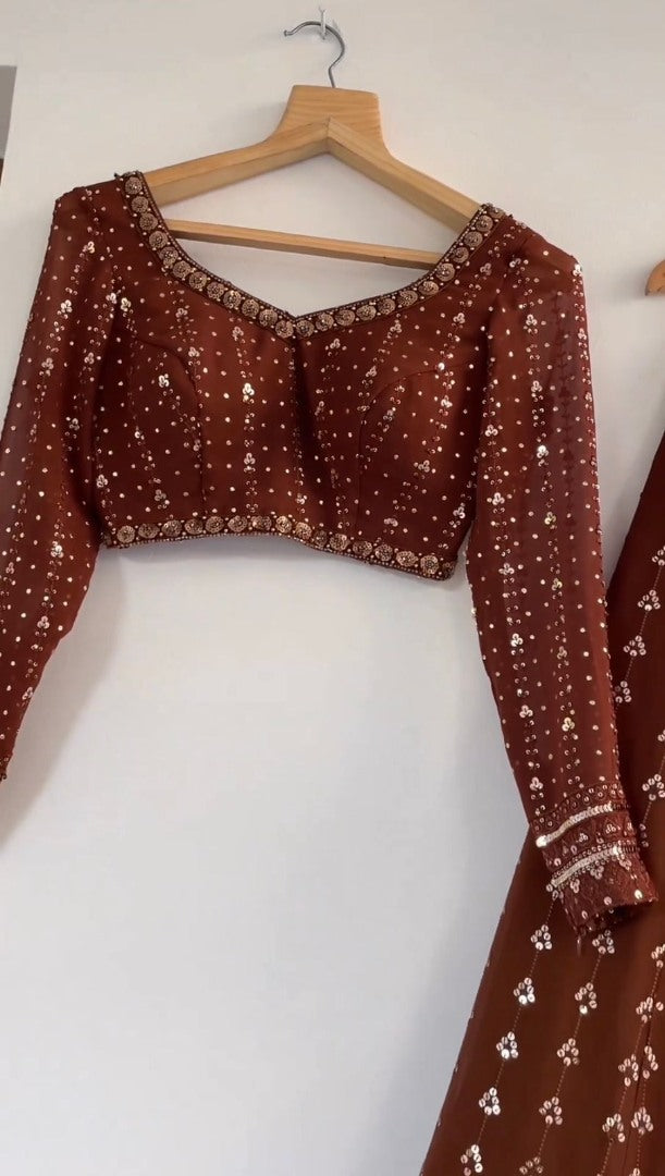 Coffee georgette heavy embroidered wedding lehenga choli