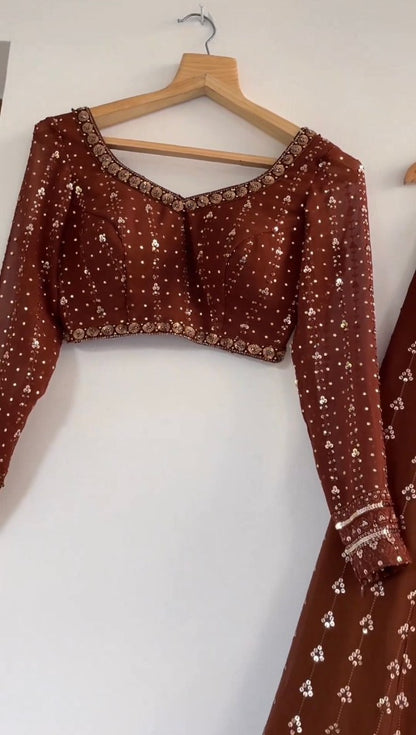 Coffee georgette heavy embroidered wedding lehenga choli