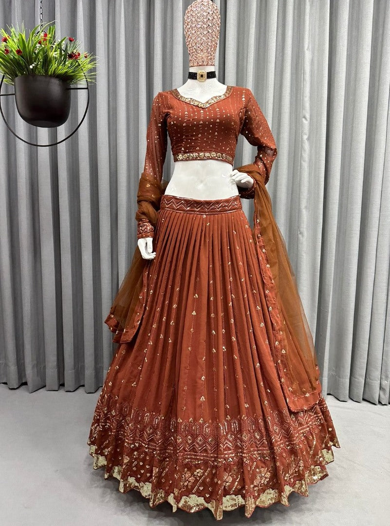 Coffee georgette heavy embroidered wedding lehenga choli