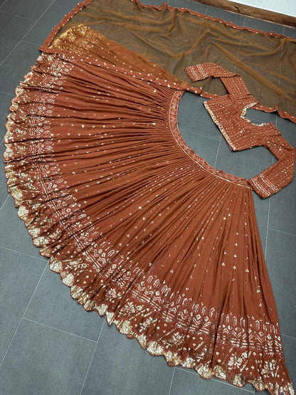 Coffee georgette heavy embroidered wedding lehenga choli