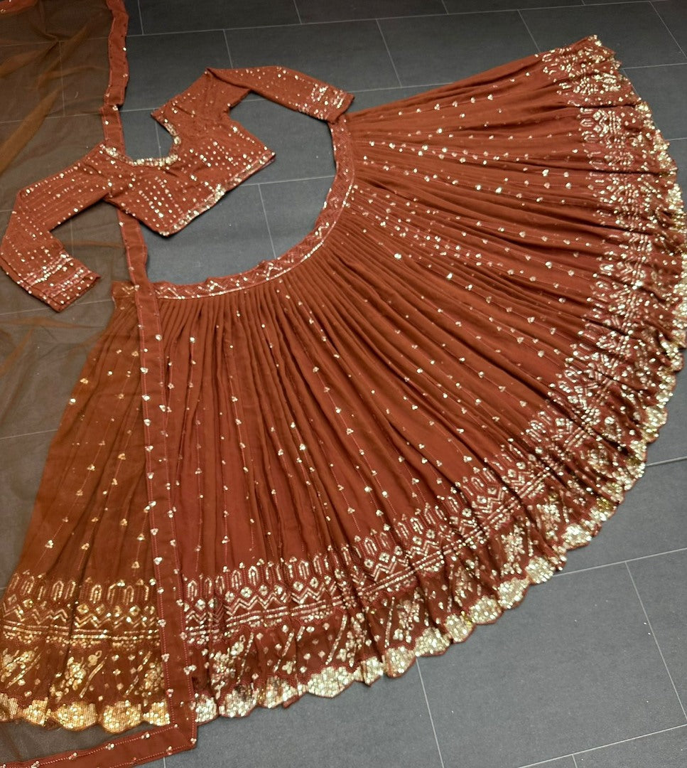Coffee georgette heavy embroidered wedding lehenga choli