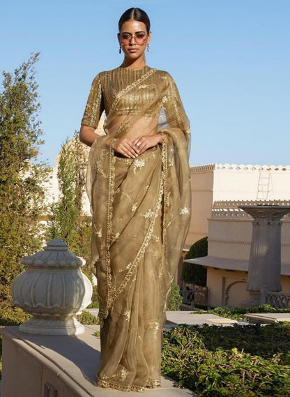 coffee organza designer embroidered wedding saree