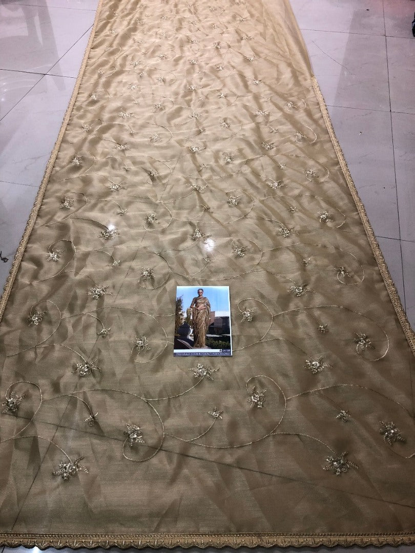 coffee organza designer embroidered wedding saree