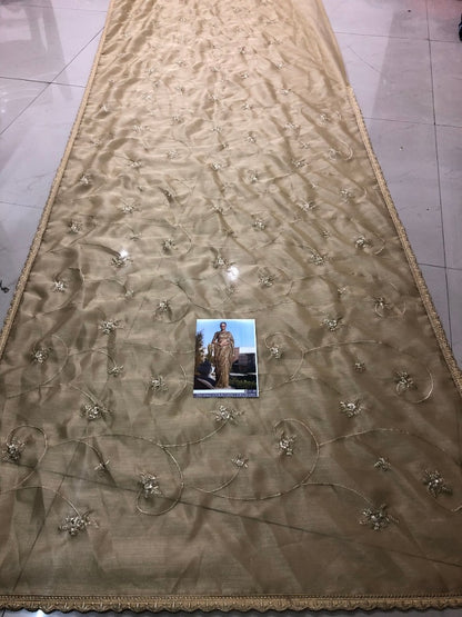 coffee organza designer embroidered wedding saree