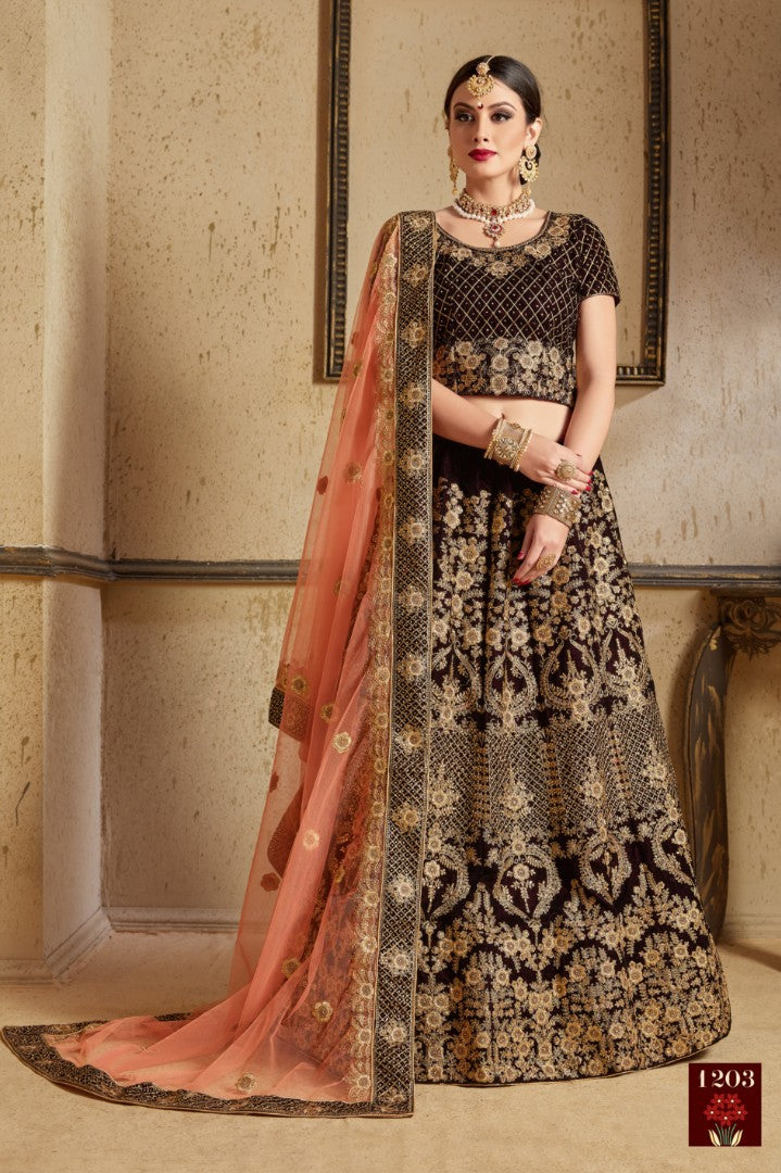 Coffee pure velvet designer heavy embroidered bridal lehenga