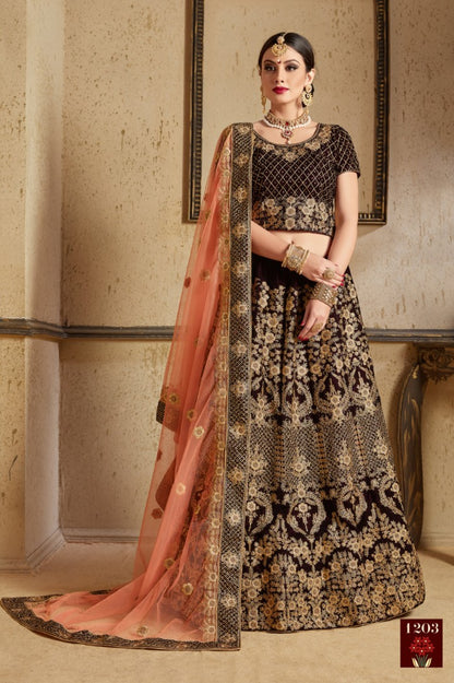 Coffee pure velvet designer heavy embroidered bridal lehenga